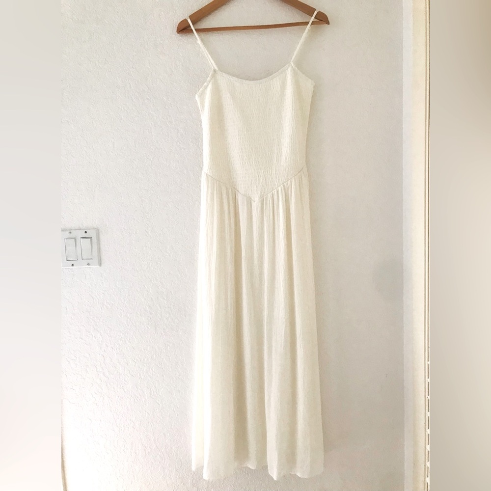 Thirty Thirty White Shirred Spaghetti Strap Maxi Dress M Coastal Beachy Cruise